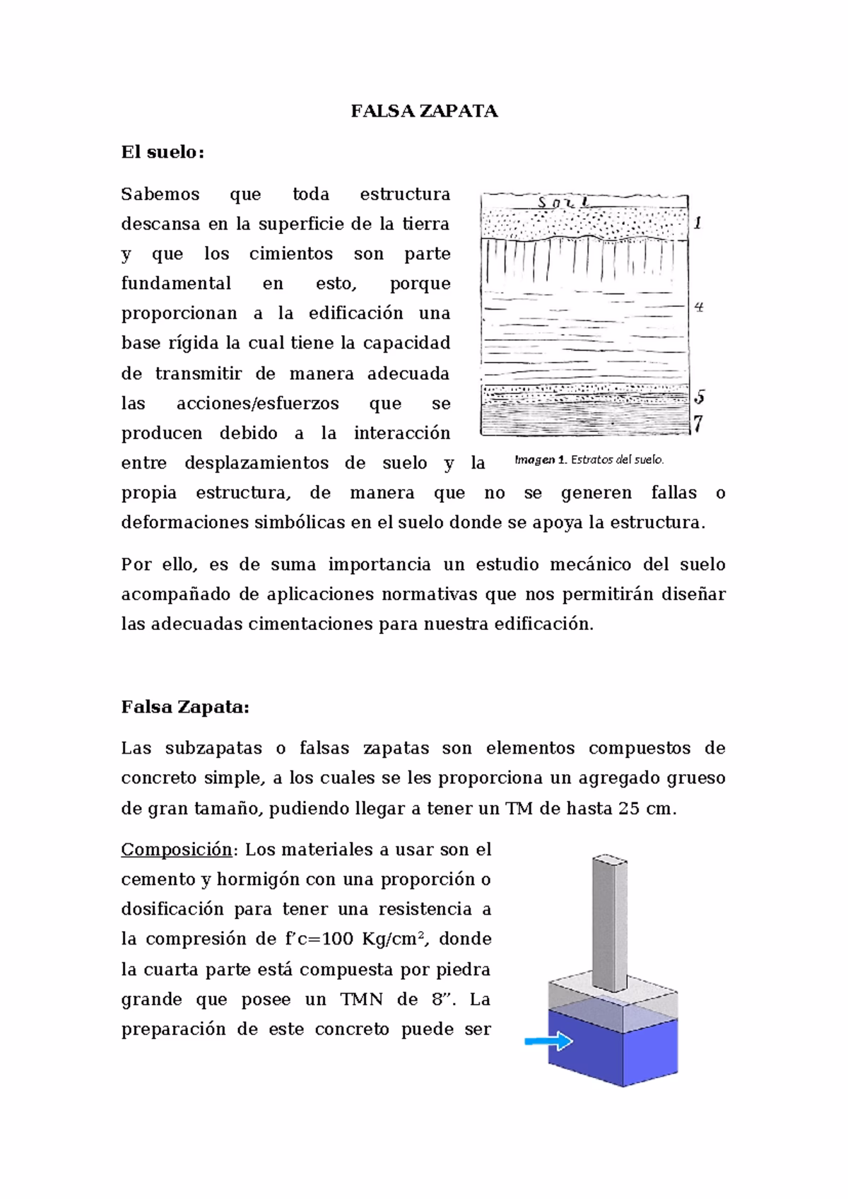 ¿Cuál es la altura mínima del concreto en las falsas zapatas?