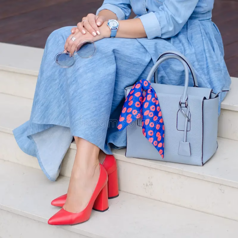 ¿Cómo combinar un vestido rojo con un solo color de zapatos y bolsos?